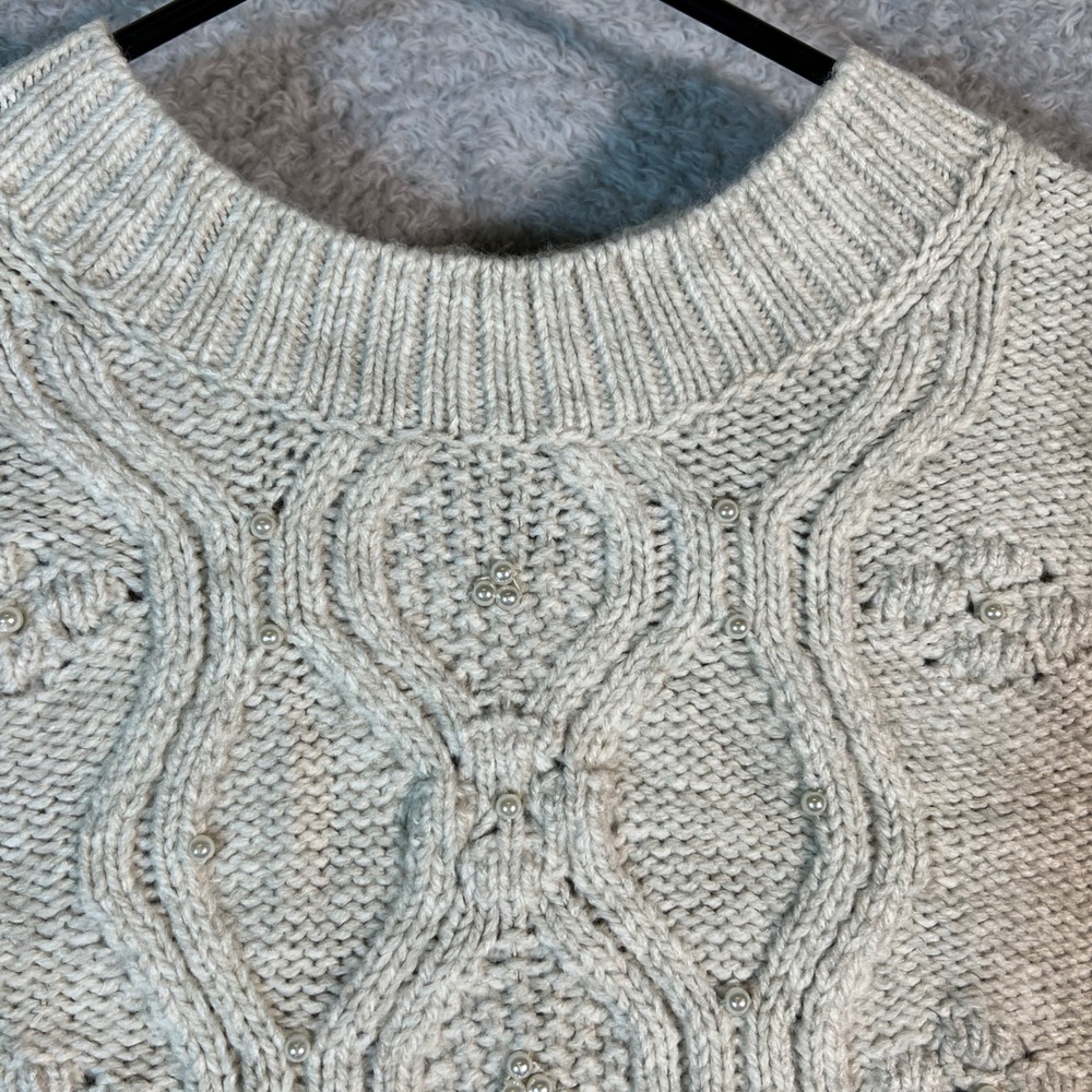 American Eagle Cream Cable Knit Pearl Embellished Sweater Womens Medium